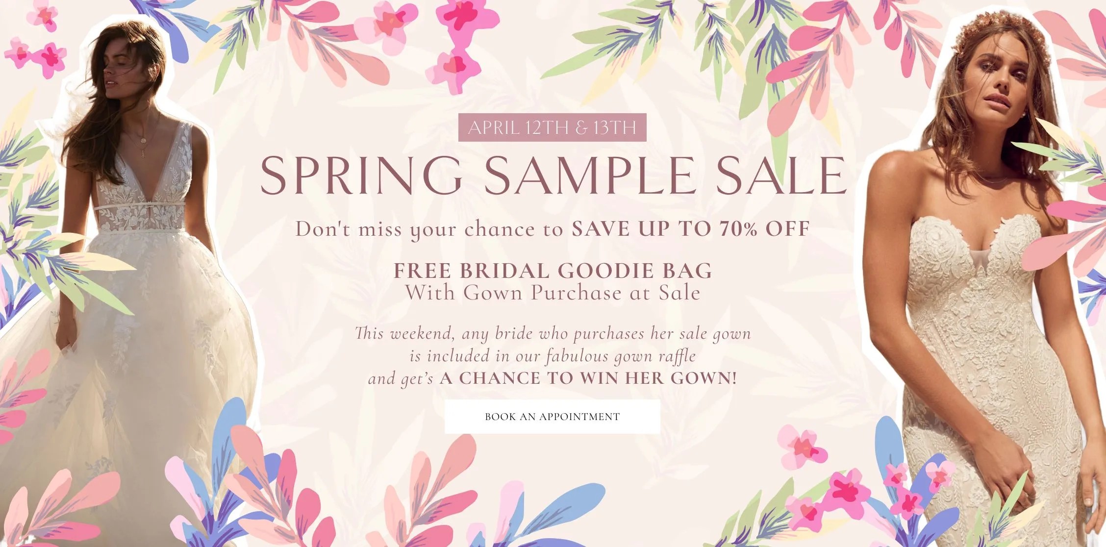 Spring Sample Sale banner 2 model wearing Maggie-Sottero 22MS500A02 and Lillian-West 66155 Desktop