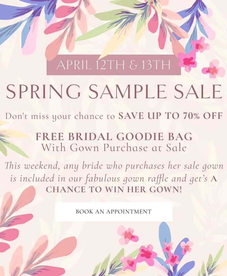 Spring Sample Sale banner 2 model wearing Maggie-Sottero 22MS500A02 and Lillian-West 66155 Mobile