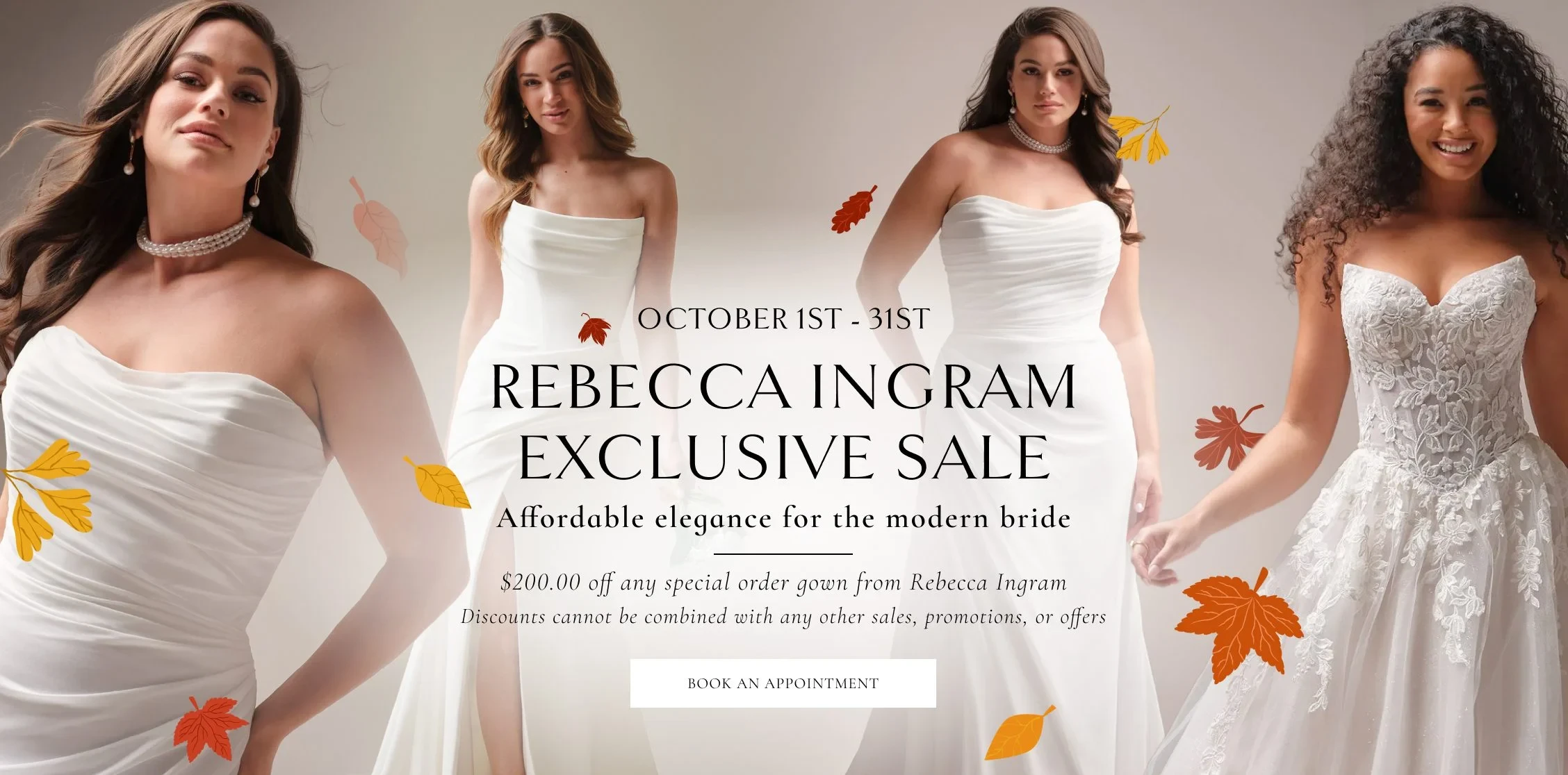 Models wearing Rebecca Ingram bridal gowns, desktop banner