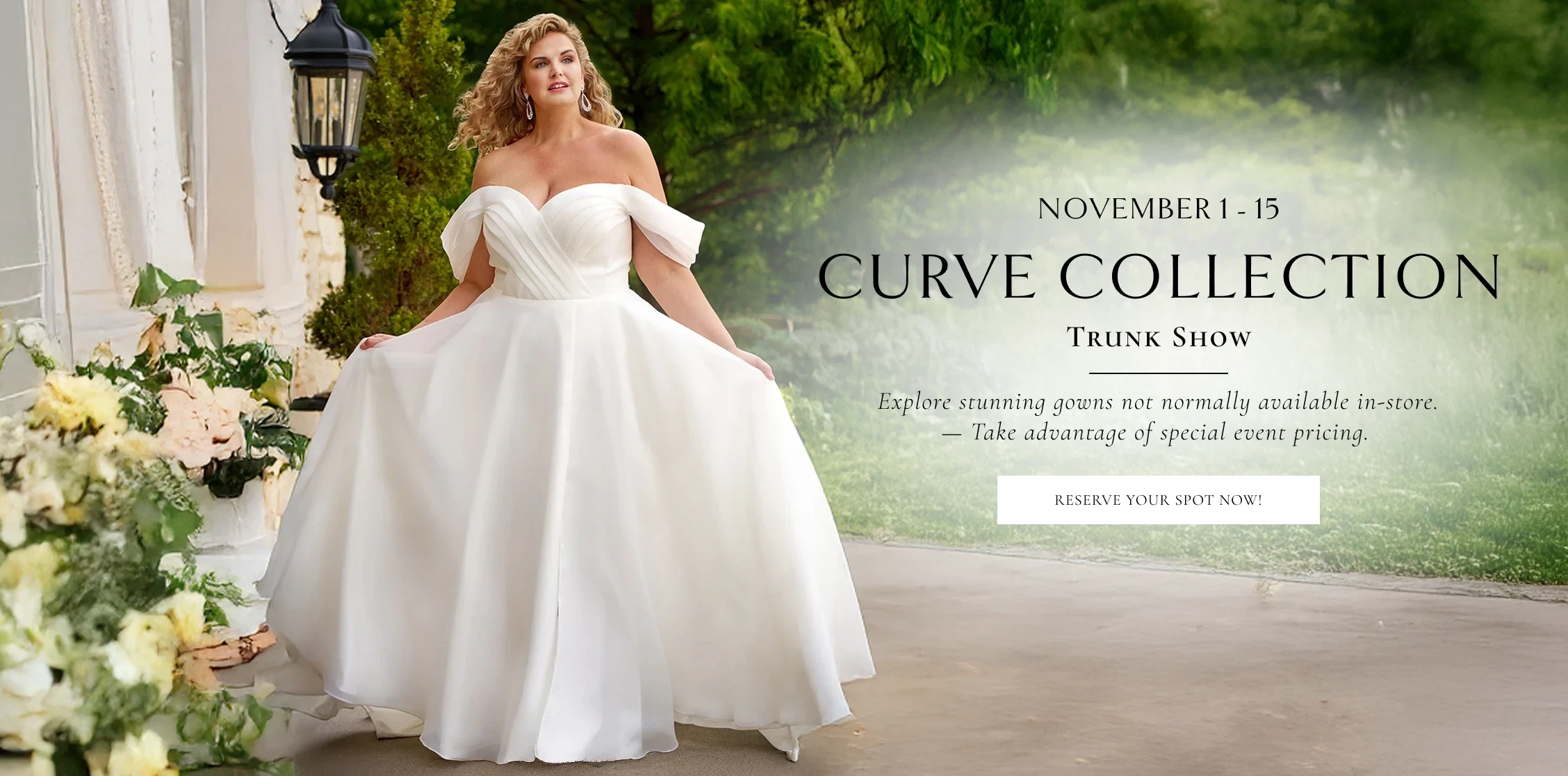 Models wearing plus size gown, curve collection trunk show, desktop banner
