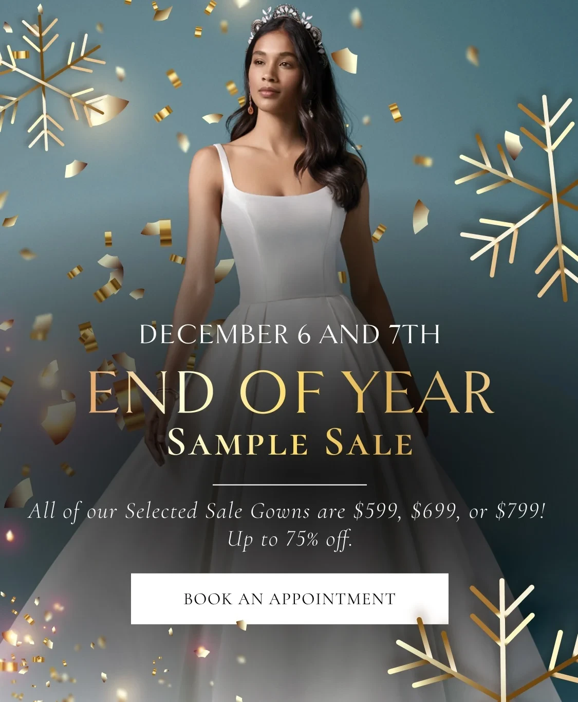 Model wearing bridal gown, end of year sample sale mobile banner